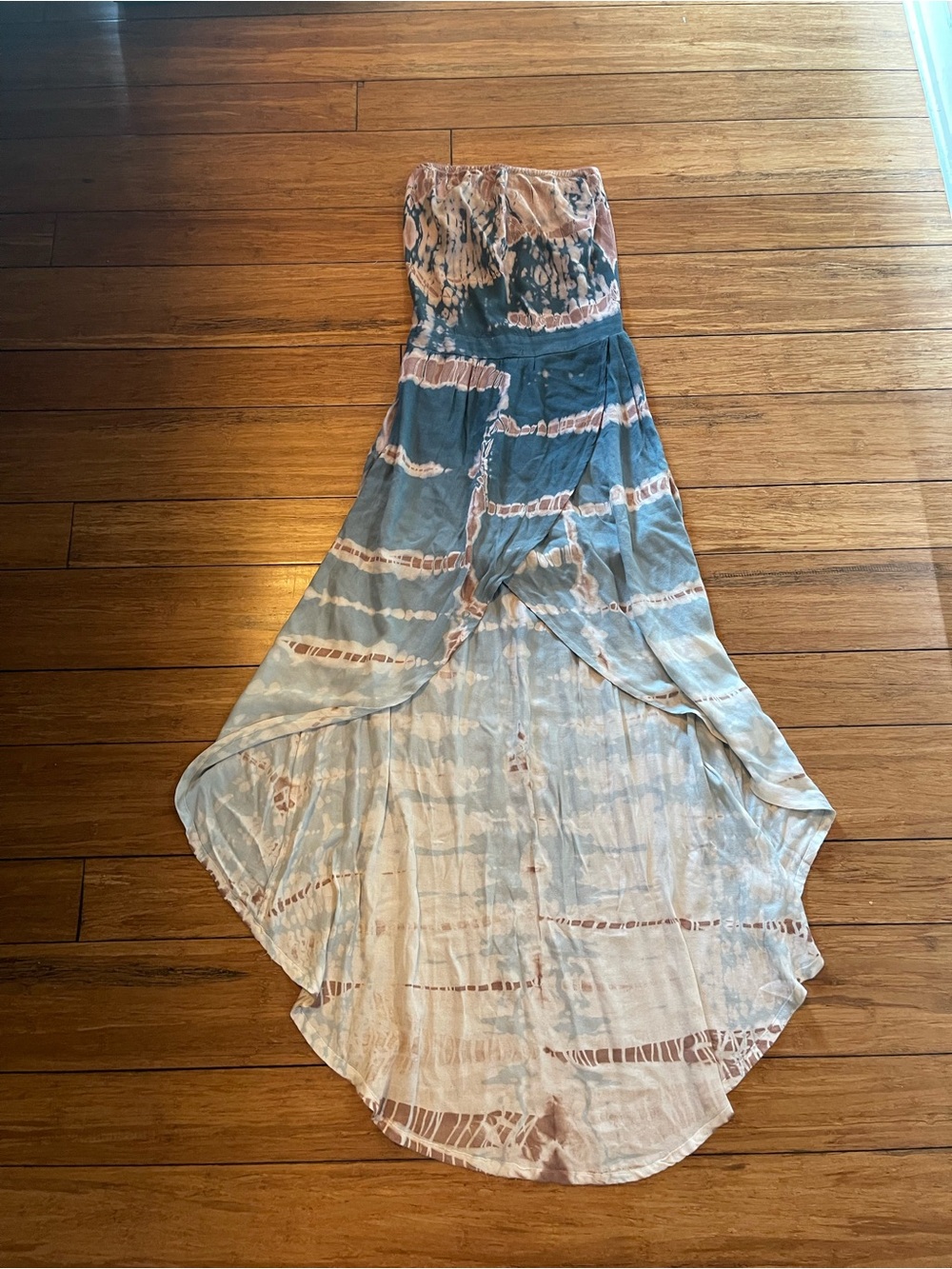Strapless Tie-Dye Maxi Dress in Blue and Taupe